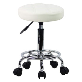 KKTONER Round Rolling Stool white front view with comfortable PU leather seat.