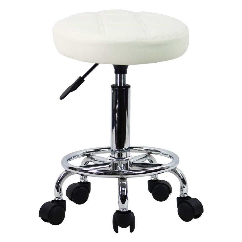 KKTONER Round Rolling Stool white front view with comfortable PU leather seat.