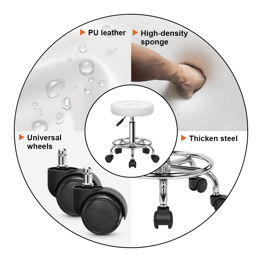 KKTONER Round Rolling Stool white height adjustment control for precise seating.
