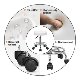 KKTONER Round Rolling Stool white height adjustment control for precise seating.