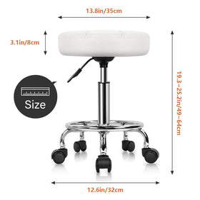 KKTONER Round Rolling Stool white seat close-up with durable PU leather.