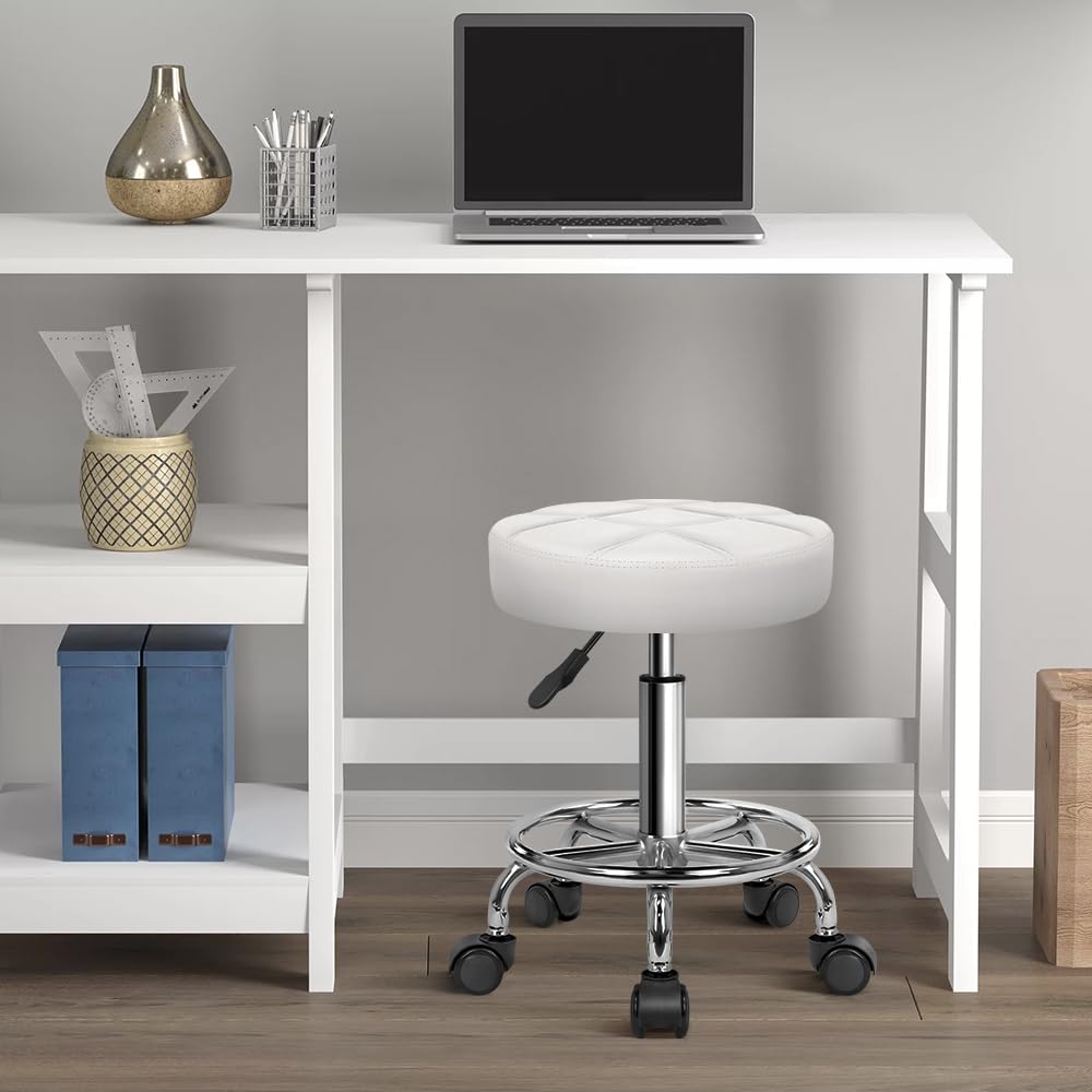 KKTONER Round Rolling Stool white side view showing height adjustment.