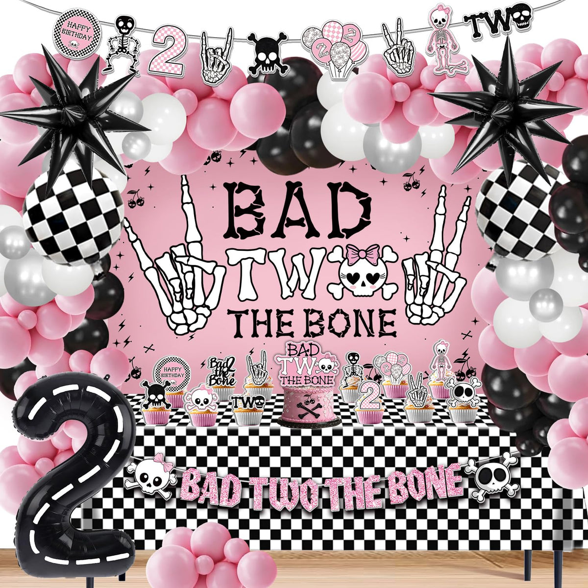Klarvyius Bad Two the Bone backdrop with skull motifs adds edgy party ambiance.