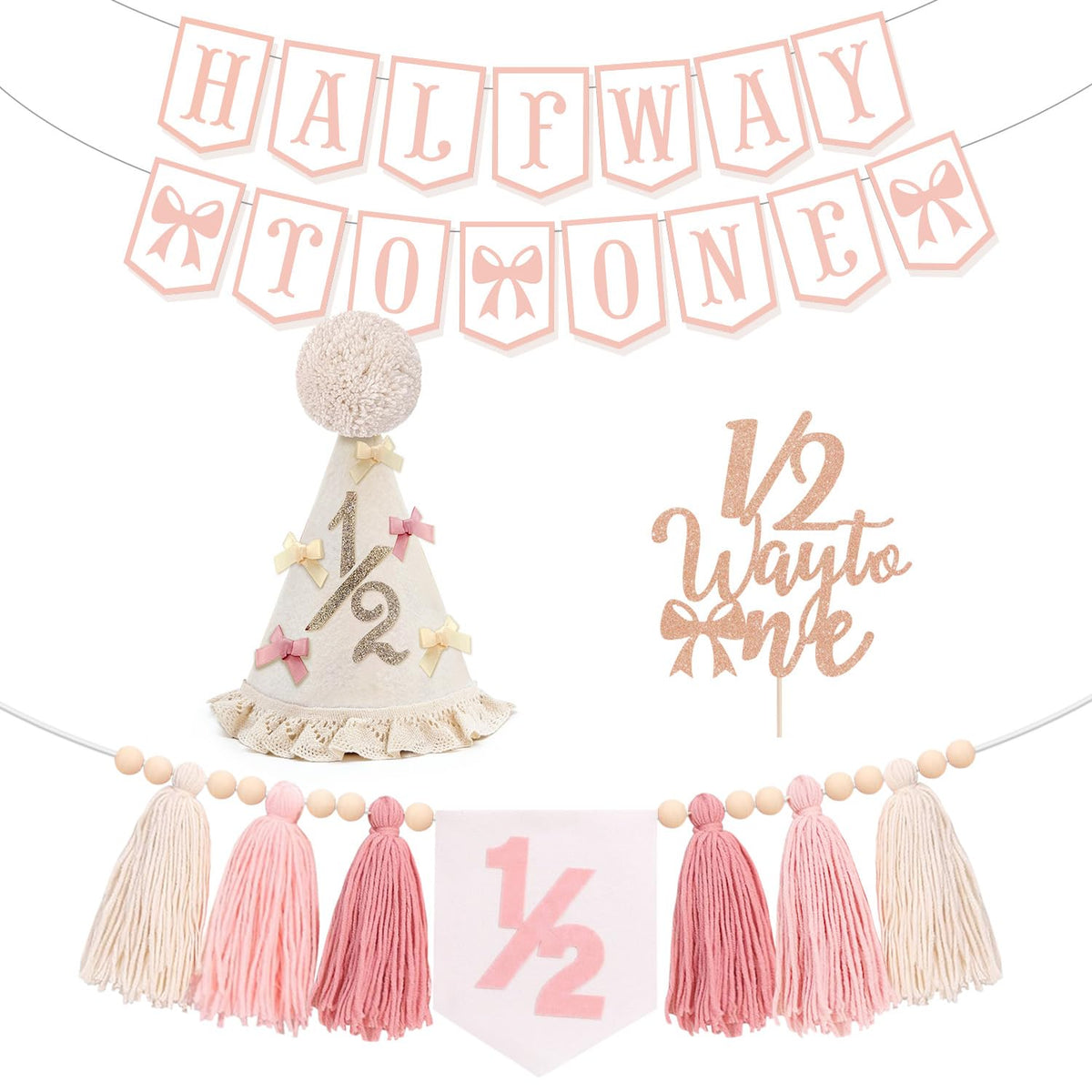 Klarvyius pink bow half birthday banner adds a charming milestone backdrop for photos