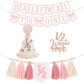 Klarvyius pink bow half birthday banner adds a charming milestone backdrop for photos