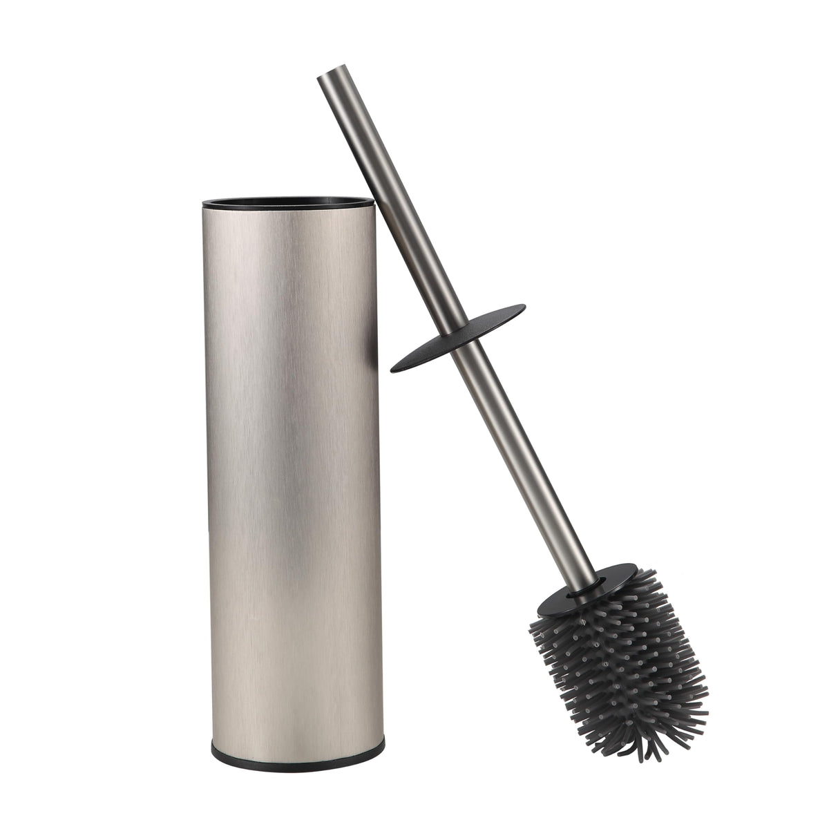 KLDKLD toilet brush and holder in brushed nickel design for a tidy bathroom.