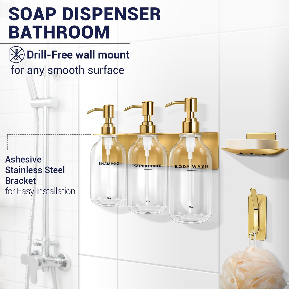 KLL wall-mount adhesive dispenser on tile wall for renter-friendly setup.