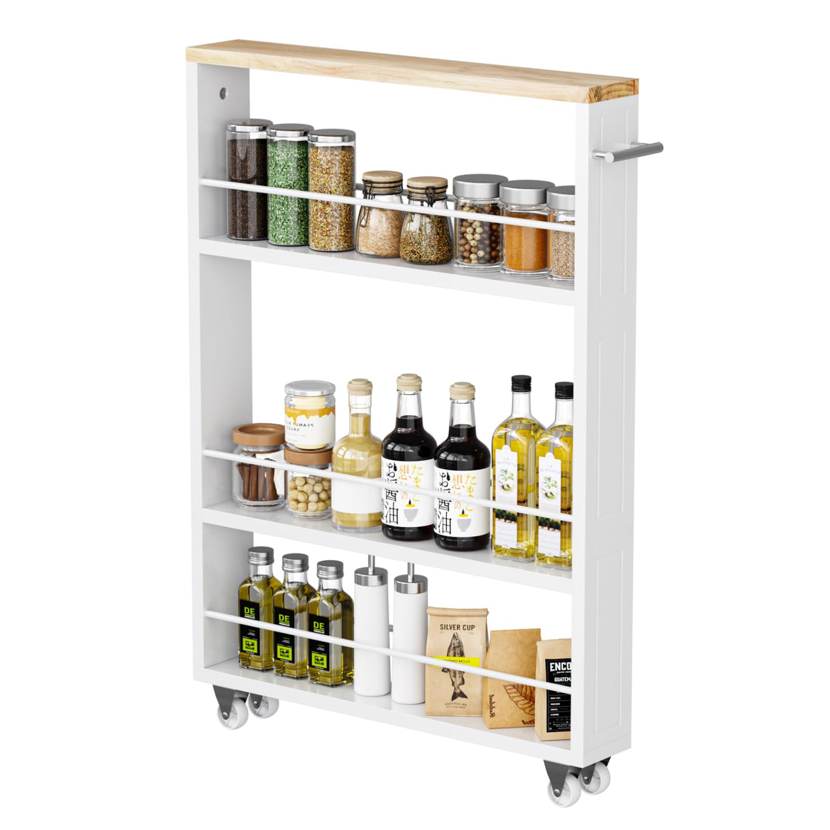 KLM 4-tier white slim storage cart with handle enables easy movement.