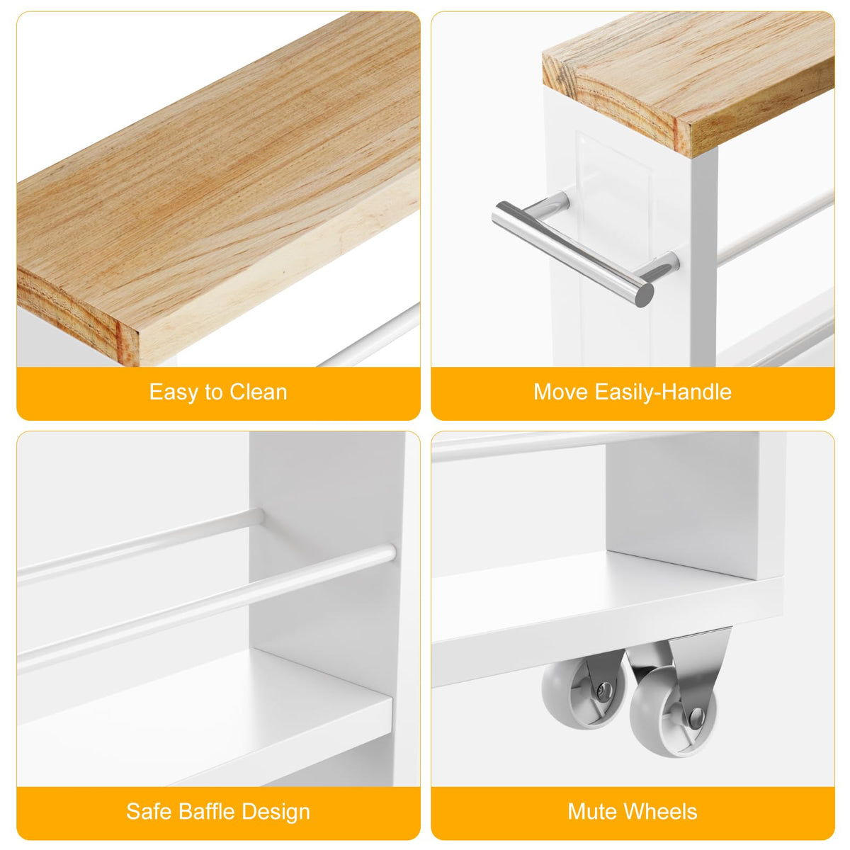 KLM 4-tier white slim storage cart in kitchen for pantry organization.