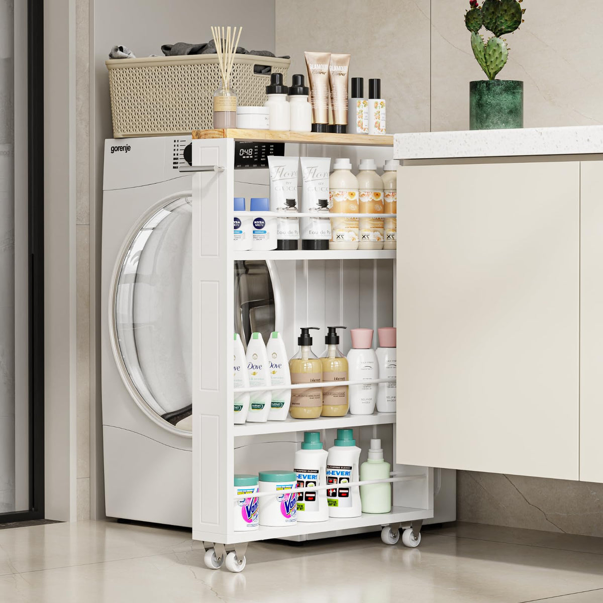 KLM 4-tier white slim storage cart slide-out tray provides quick access.