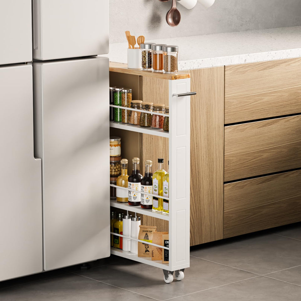 KLM 4-tier white slim storage cart for compact kitchen organization.