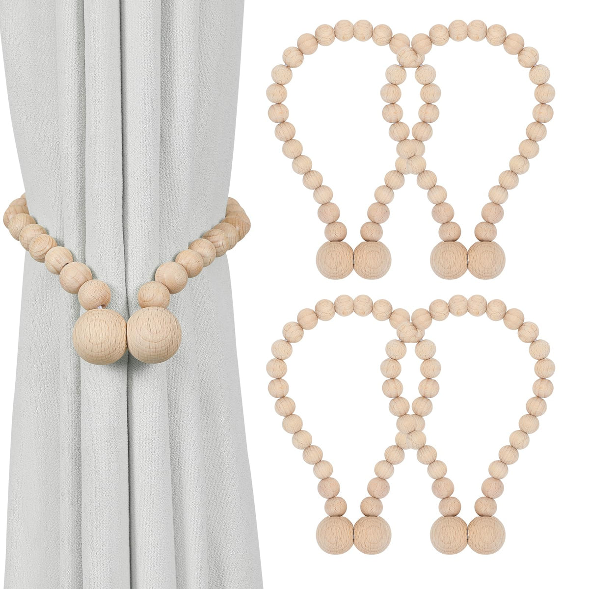 KLOGTSIND magnetic curtain tiebacks with wood beads secure curtains without drilling