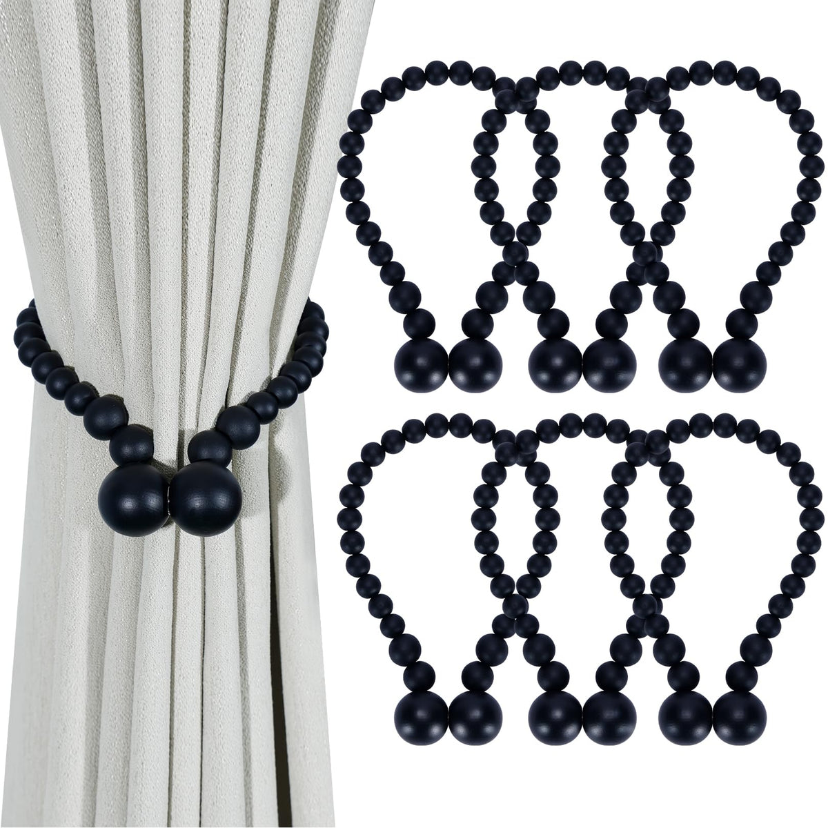KLOGTSIND magnetic curtain tiebacks with wood beads securely holding curtains in a boho style.