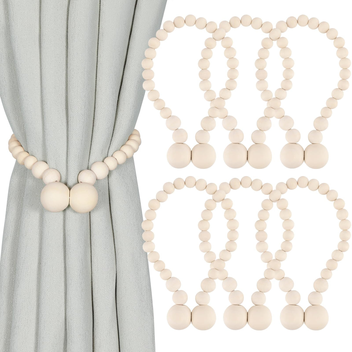 KLOGTSIND magnetic wood bead tiebacks showcased for secure curtain control and boho charm.