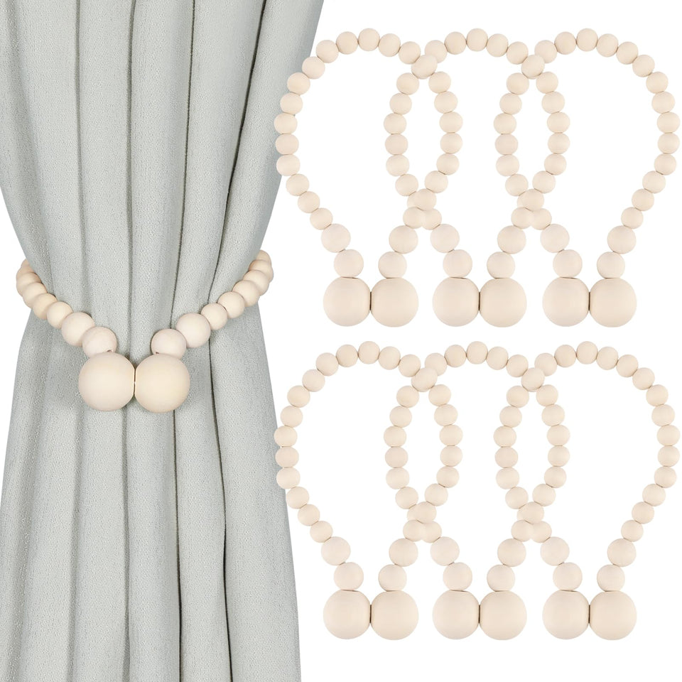 KLOGTSIND magnetic wood bead tiebacks showcased for secure curtain control and boho charm.