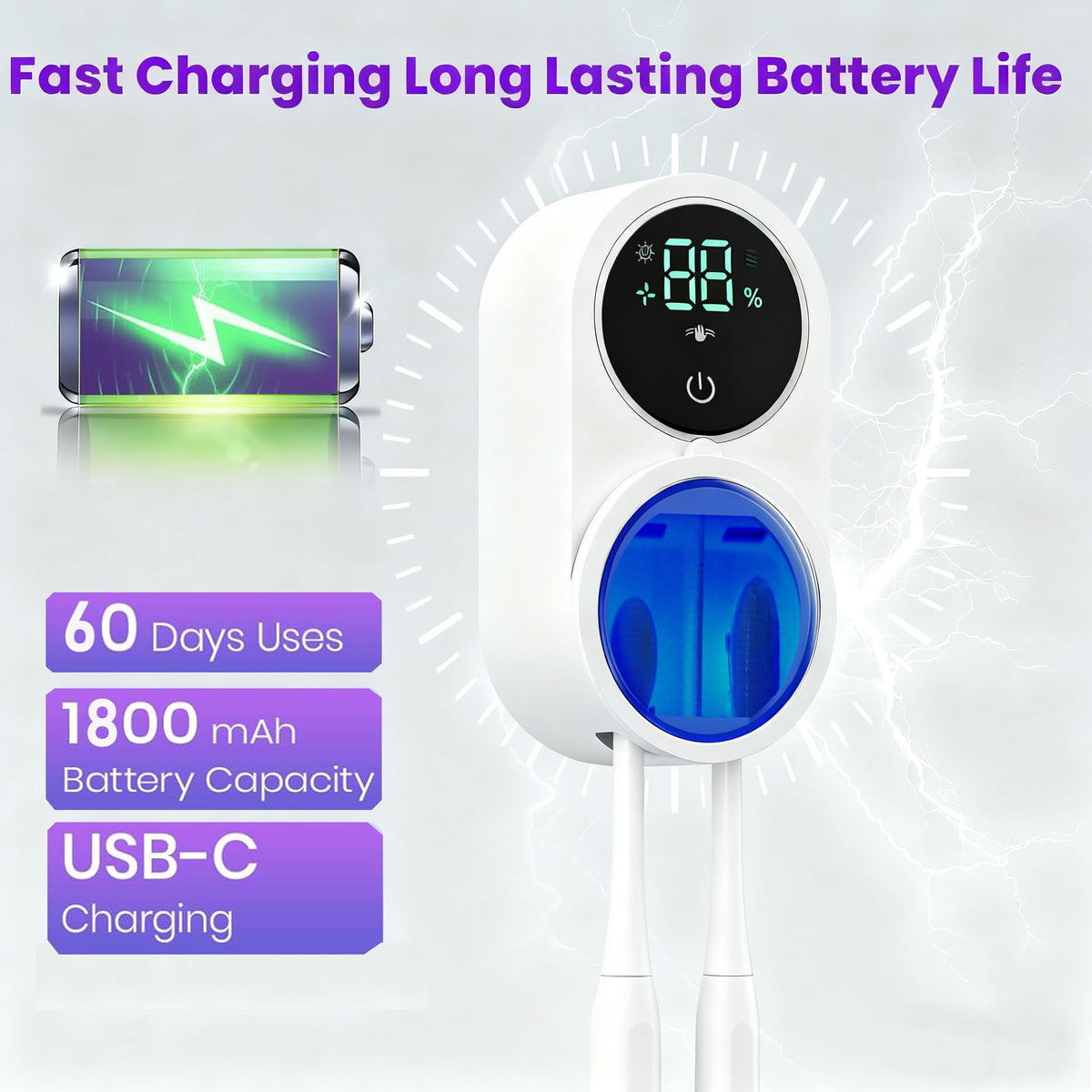 KLUEHOME UV toothbrush sanitizer holder USB-C charging for long-lasting power.