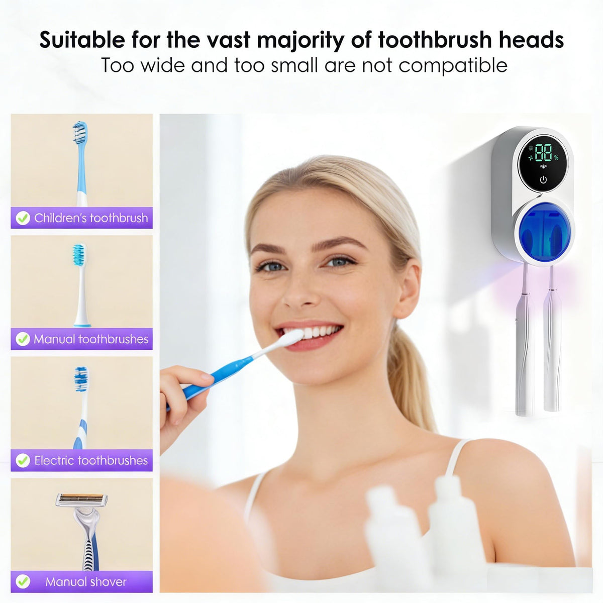 KLUEHOME UV toothbrush sanitizer holder wall-mounted for space-saving bathroom organization.
