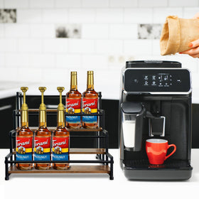 Klxuyuo coffee bar setup featuring a sleek syrup rack for quick dispensing.