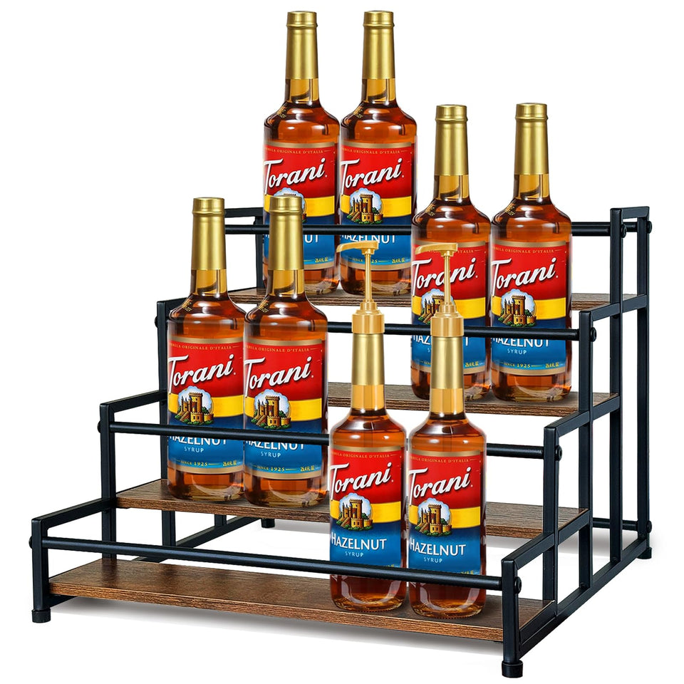 Klxuyuo four-tier coffee syrup rack on counter displaying 20 bottles for easy access.