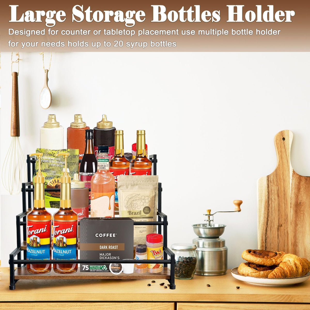 Klxuyuo syrup rack in a café setting showcasing neat condiment display.