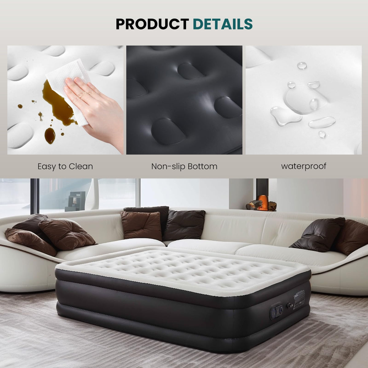 KMFurnila air mattress fast inflates with integrated pump for quick sleepovers.
