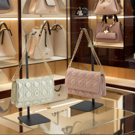 KMtilsh purse display stand back view demonstrates adjustable height for versatile configurations