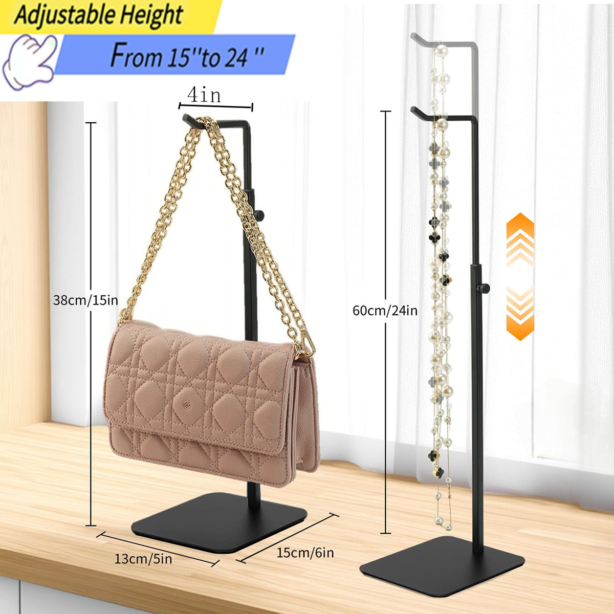 KMtilsh purse display stand side view shows compact, space-saving profile for tidy setups