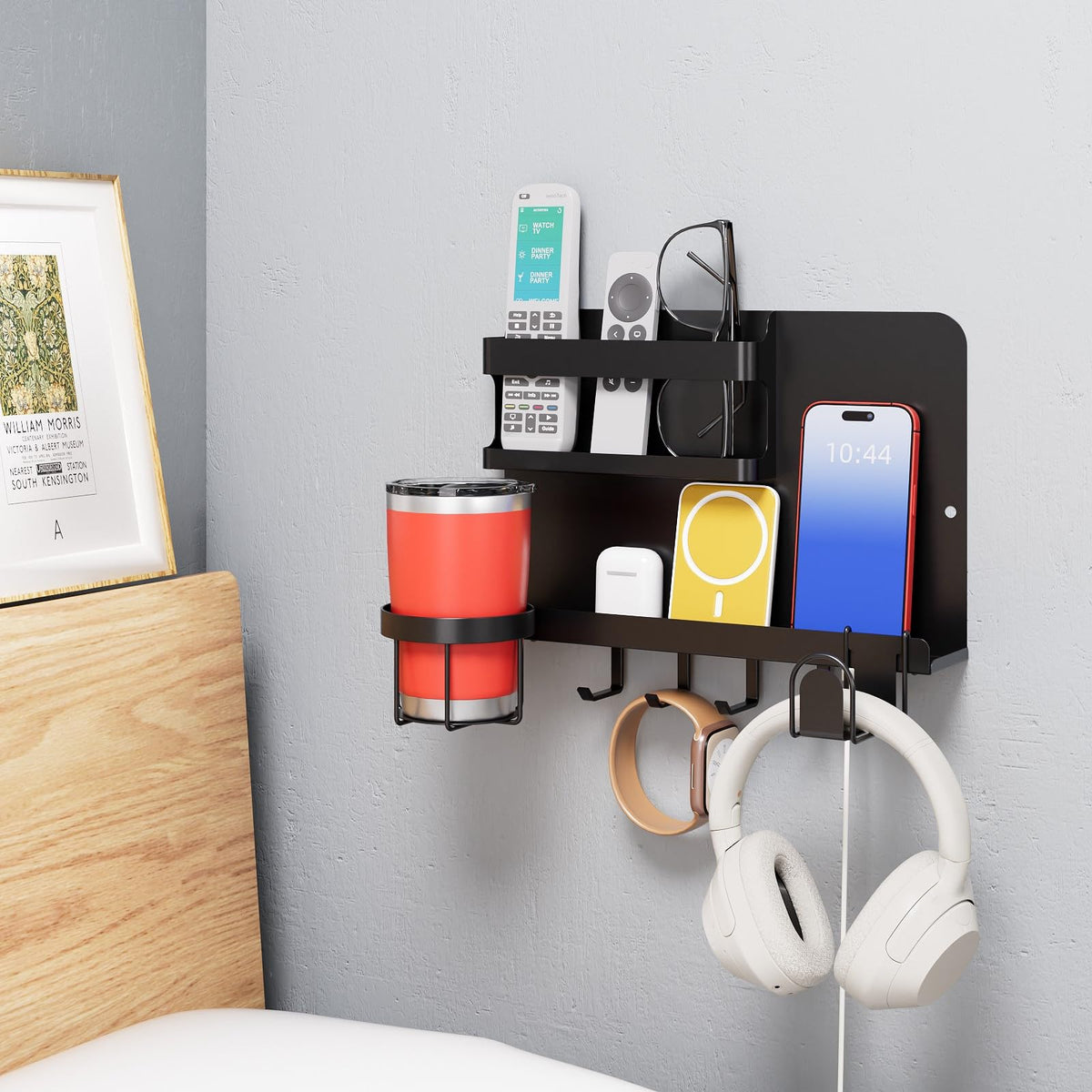 KMUZAWN bedside wall organizer assembly demonstrates secure no-drill mount ideal for dorms.