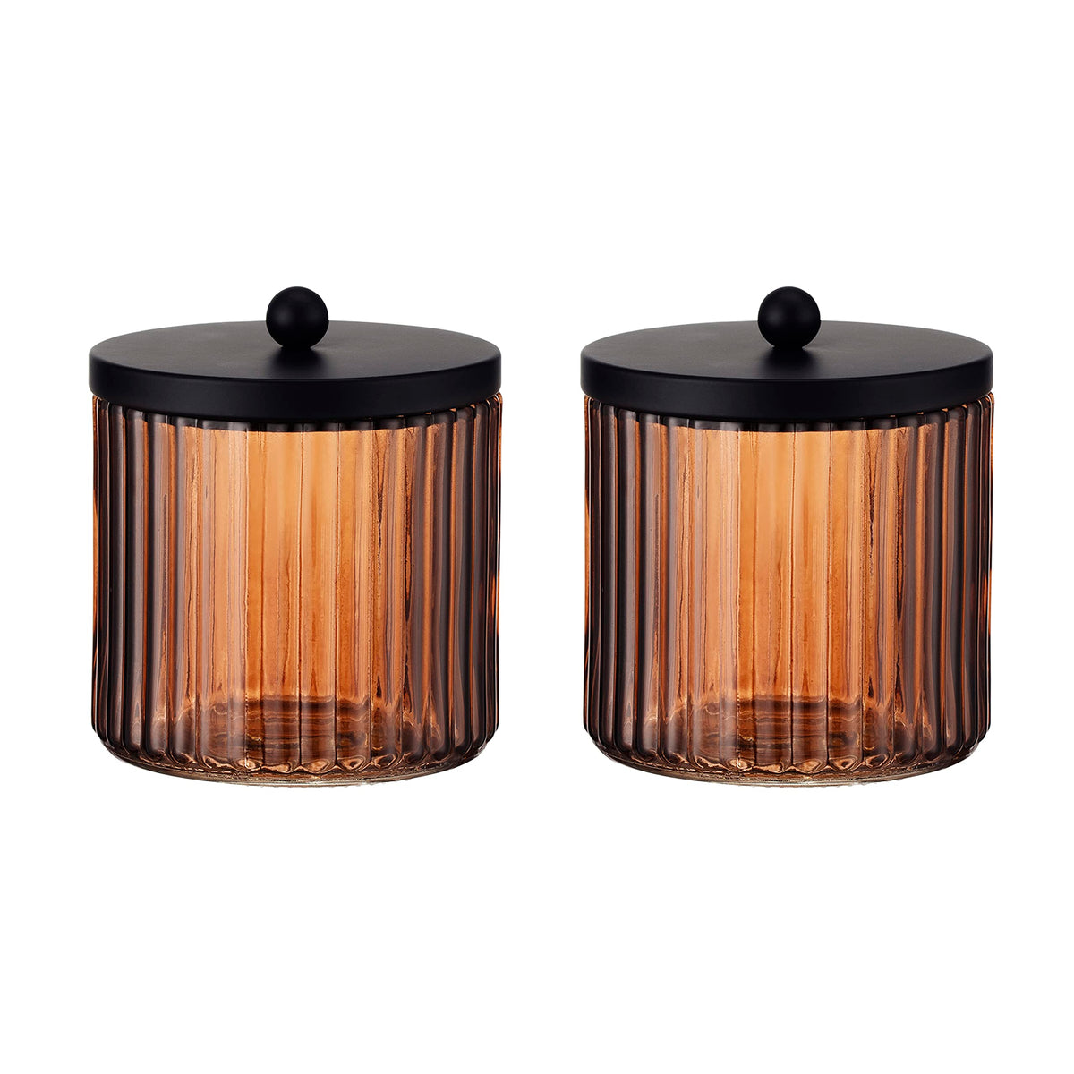 KMwares glass qtip dispenser with brown lid sits on a modern bathroom vanity for organized storage.
