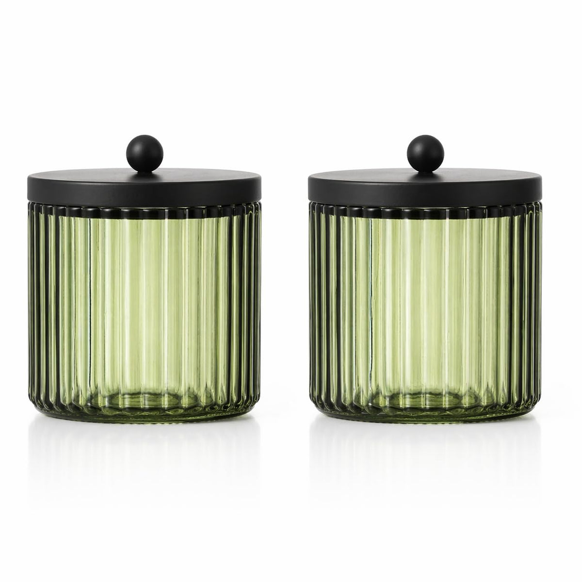 KMwares glass Q-tip holder in olive green with 2-pack for stylish bathroom storage.