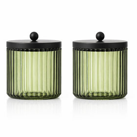 KMwares glass Q-tip holder in olive green with 2-pack for stylish bathroom storage.