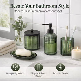 KMwares olive green glass cotton jar keeps cotton swabs neatly stored.