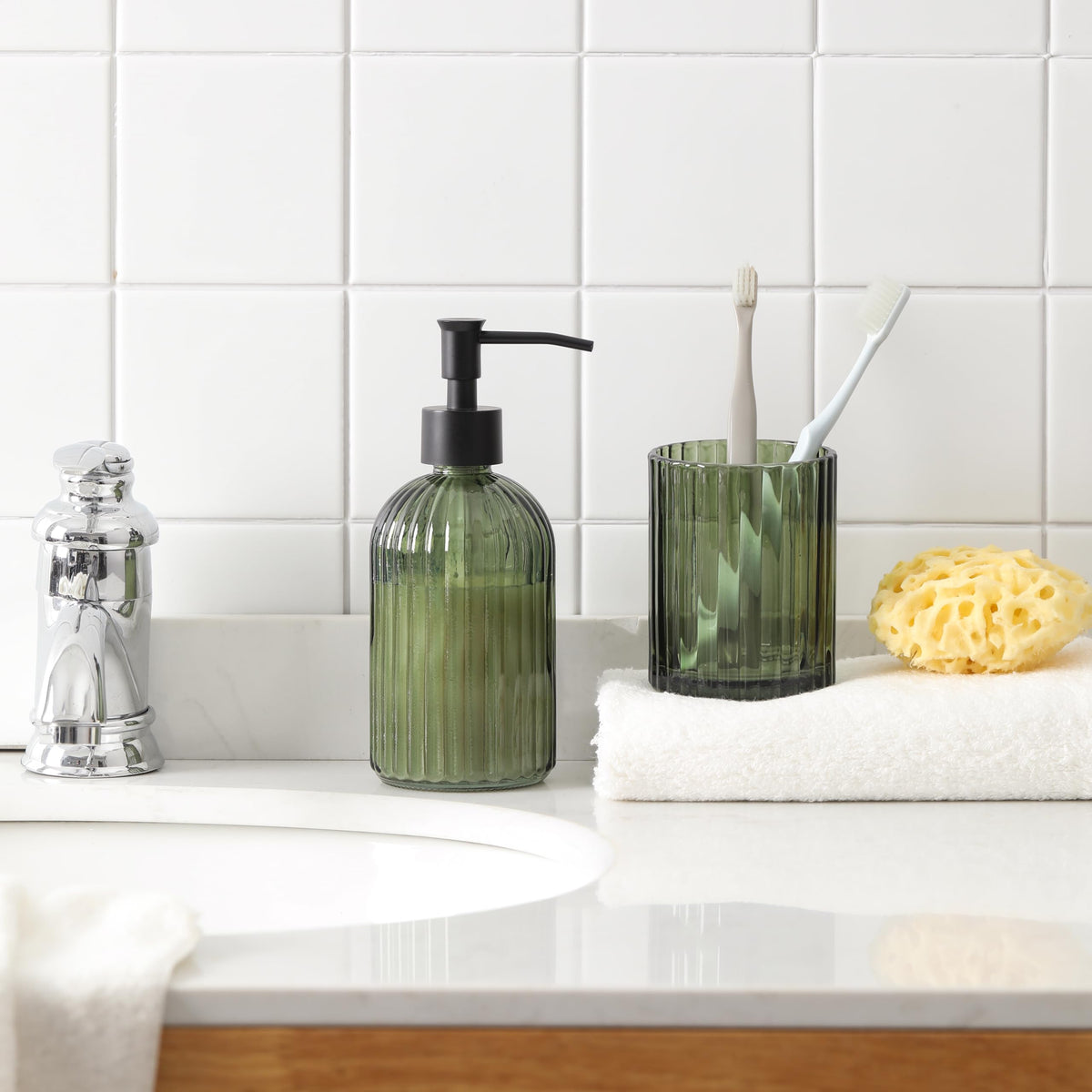 KMwares olive green glass soap holder tray keeps bars dry and clean.