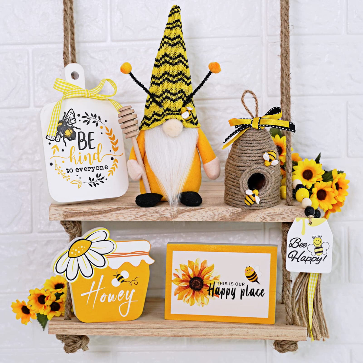 KnomeKo Bee Tiered Tray mini wood signs add rustic bee detail to shelves.