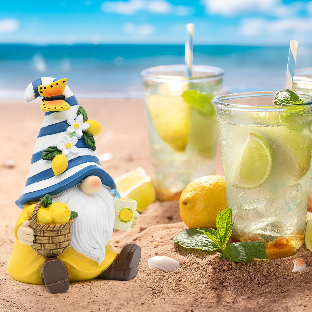KnomeKo gnome with lemon flower hat, holding a lemon and lemonade for vibrant decor.