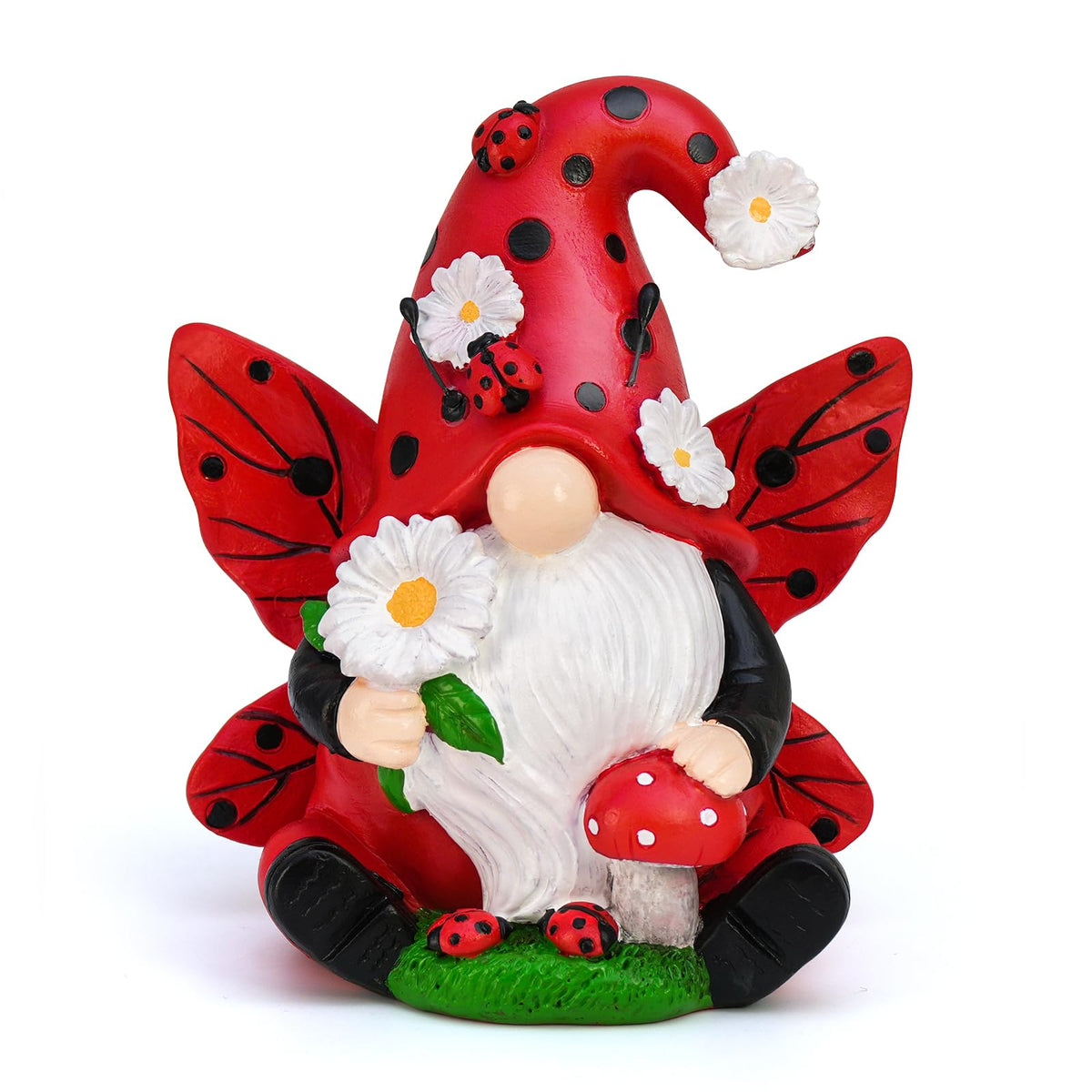 KnomeKo Ladybug Gnome in a garden with daisies for whimsical outdoor charm