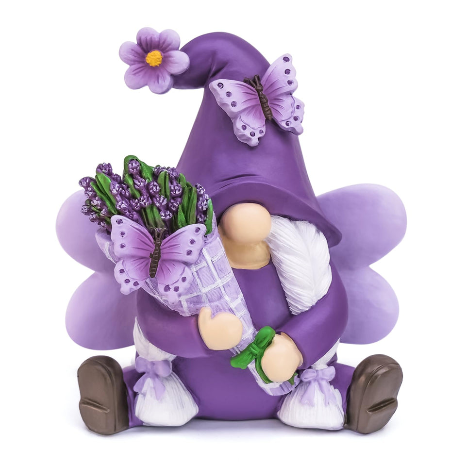 KnomeKo Lavender Gnome with butterfly bouquet brightens fairy garden decor.