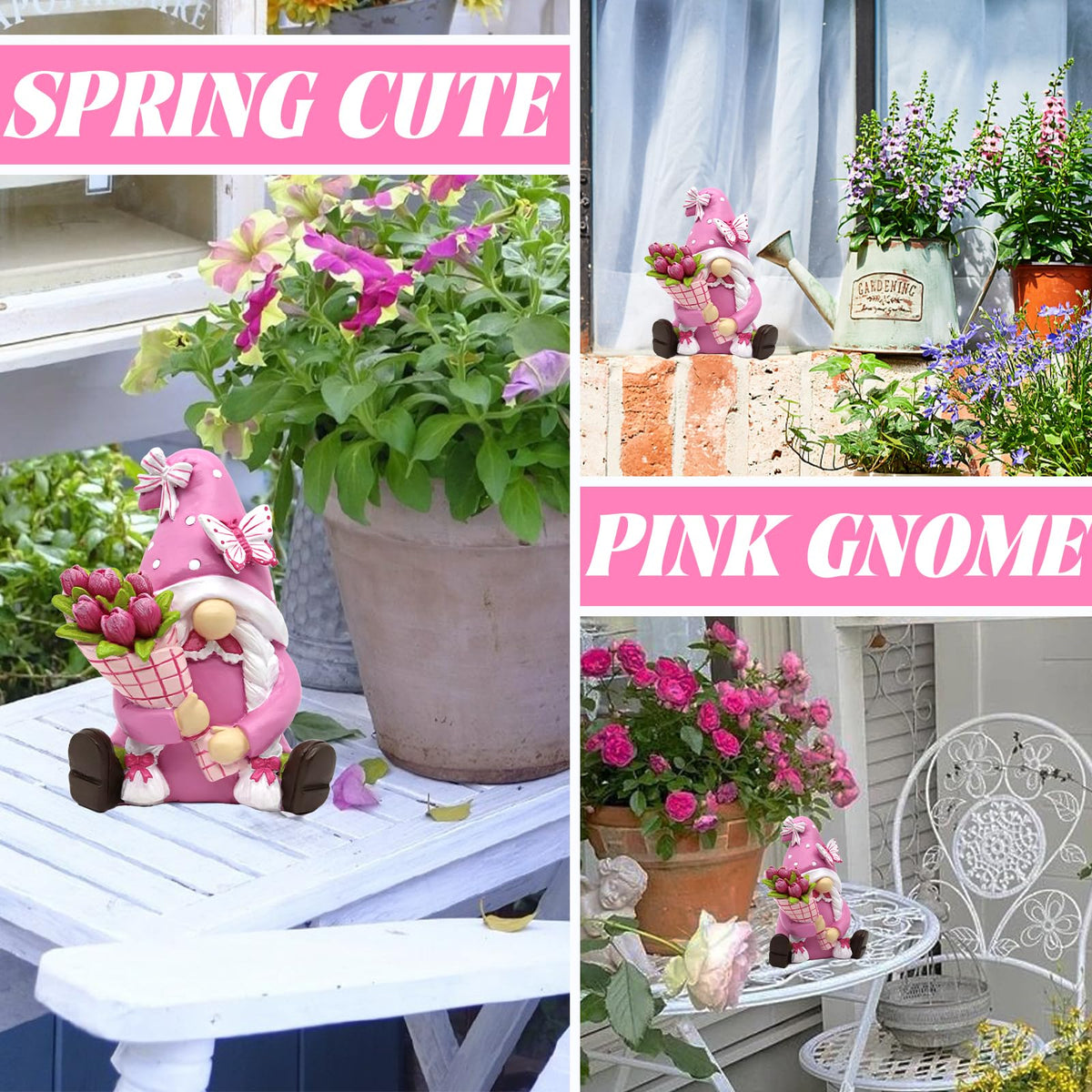 KnomeKo resin pink gnomes, weatherproof for outdoor use.