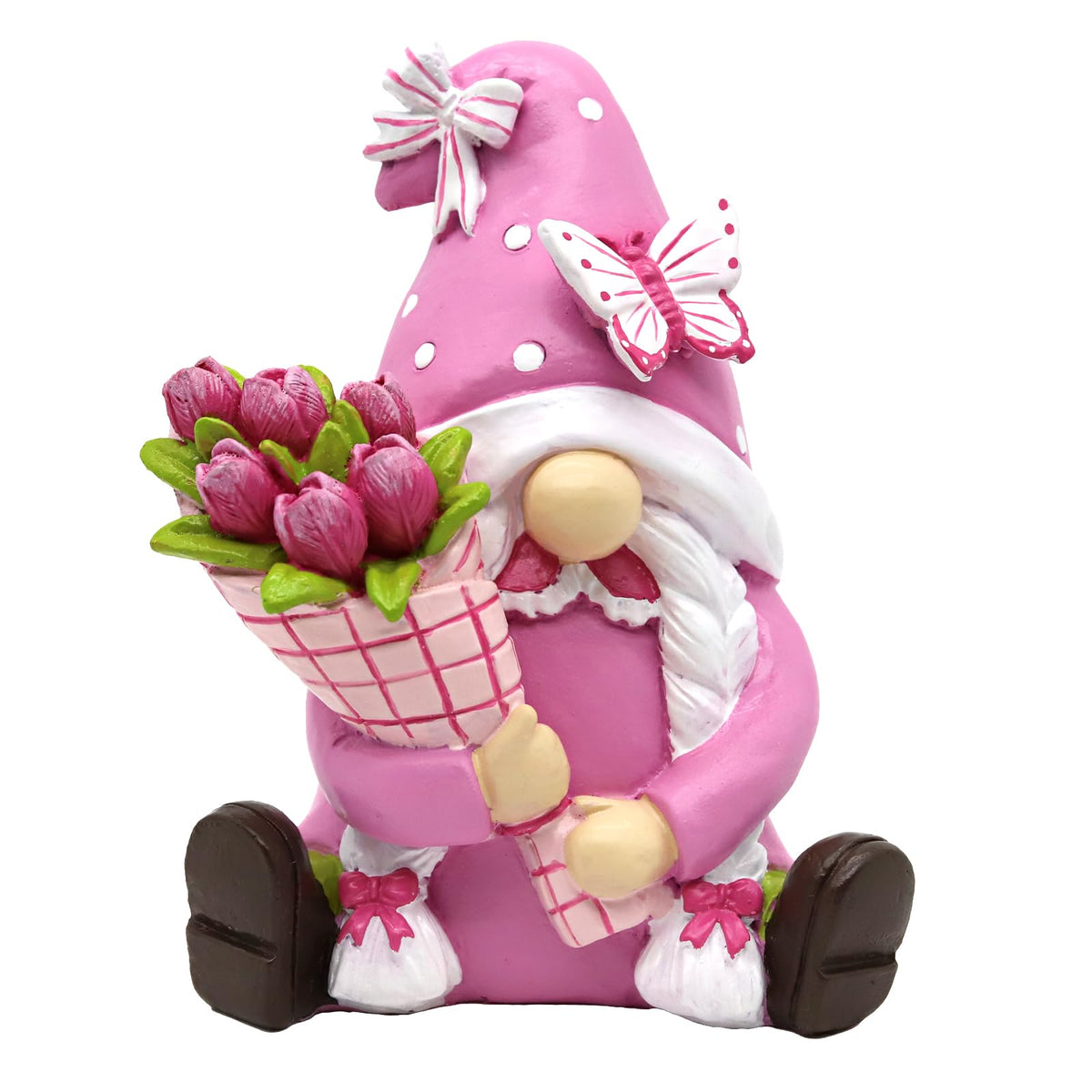 KnomeKo pink garden gnomes with butterfly and tulip, ideal for spring display.