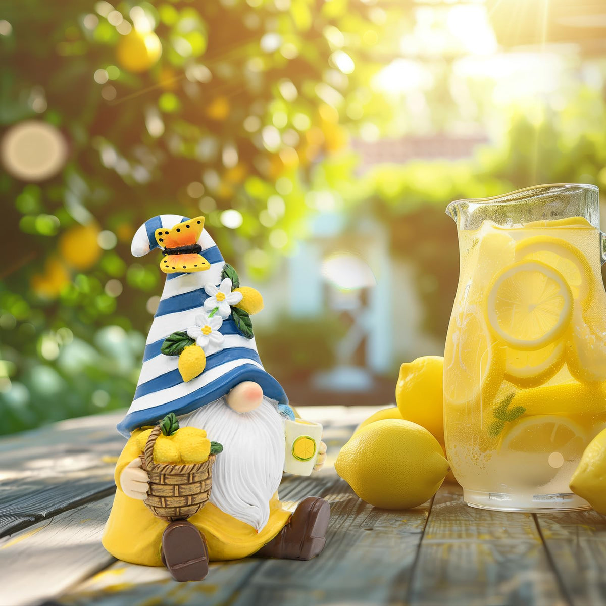 KnomeKo summer garden gnome with blue-yellow palette enhances outdoor displays.