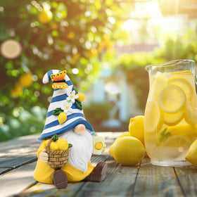 KnomeKo summer garden gnome with blue-yellow palette enhances outdoor displays.
