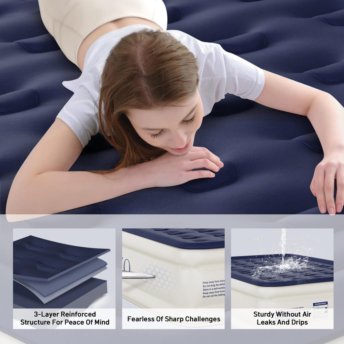 KNZZO queen air mattress uses durable anti-puncture materials.