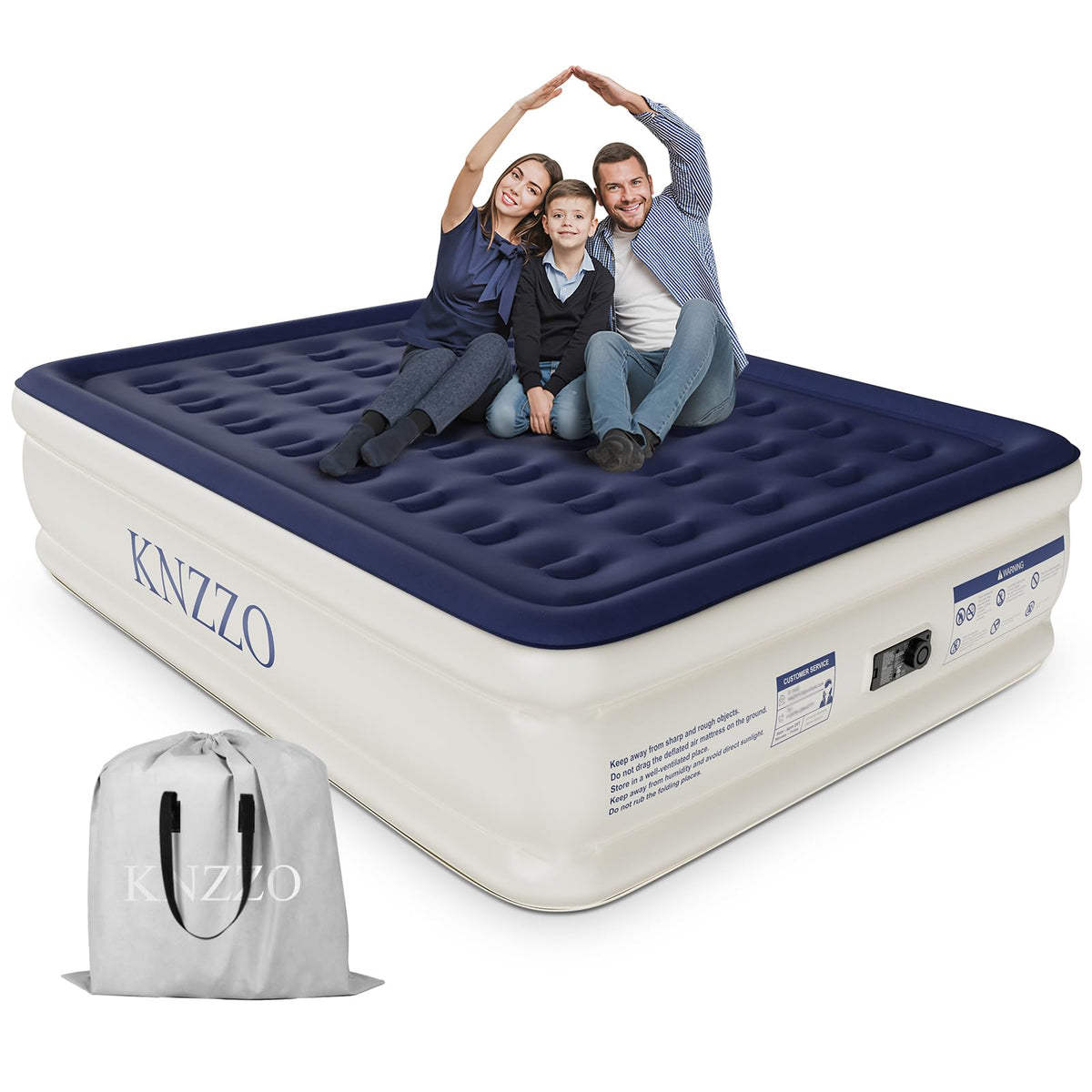 KNZZO queen air mattress with built-in pump for quick setup.