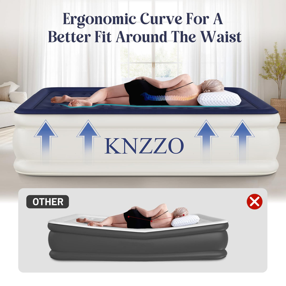 KNZZO queen air mattress ideal for guests and camping trips.