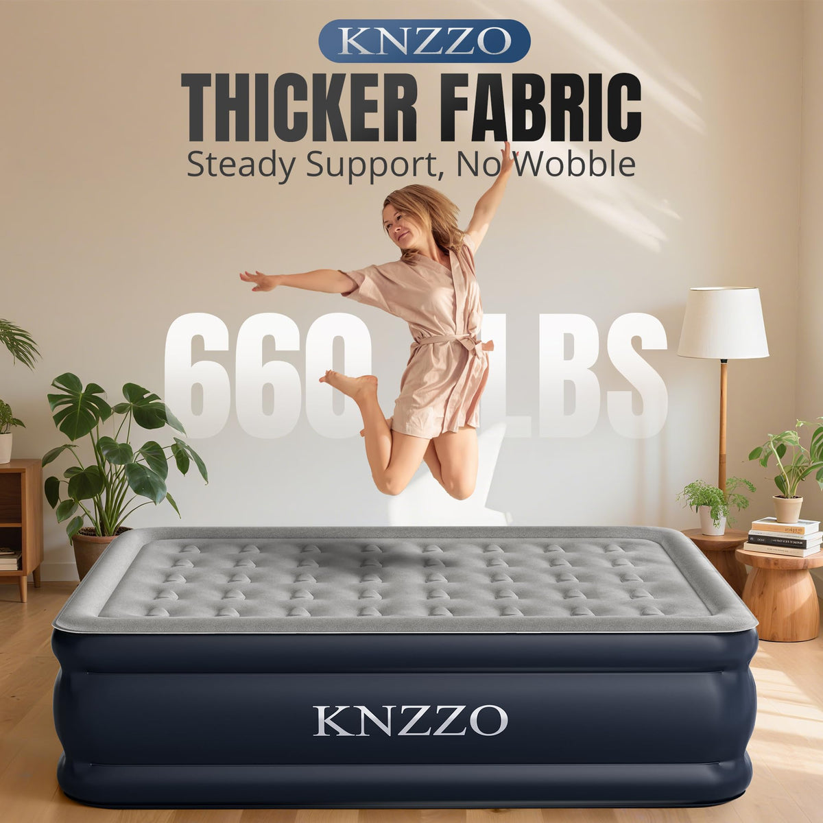 Built-in pump provides quick, effortless inflation for KNZZO Queen air mattress.