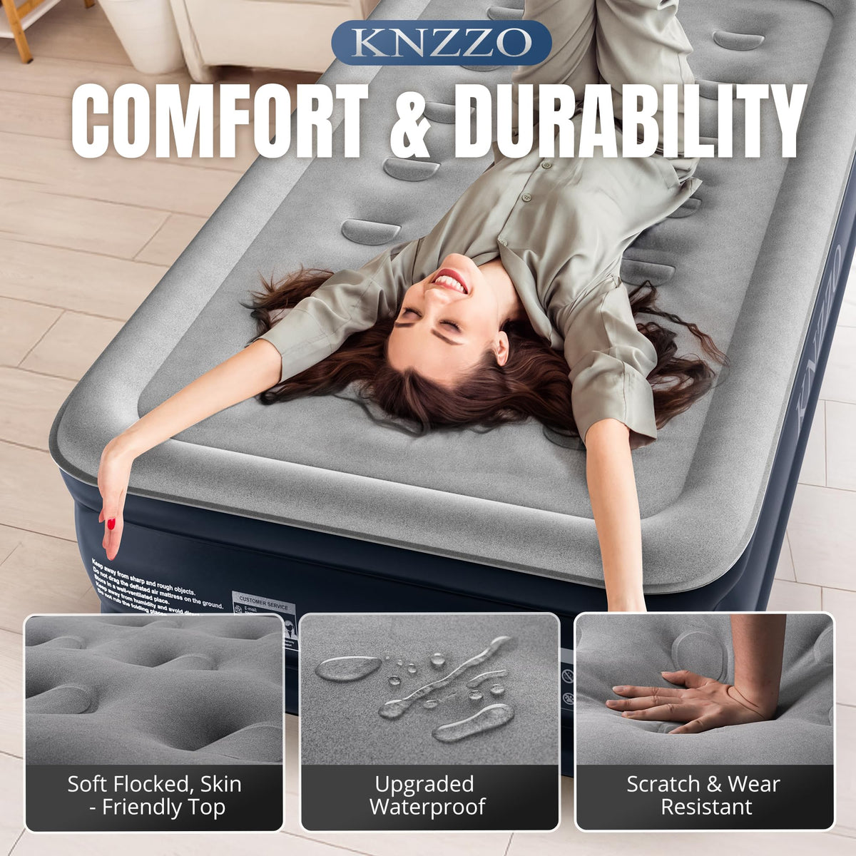 KNZZO twin air mattress independent-support-system adapts to body shape for comfort.
