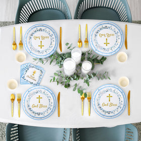 Kochorie gold cutlery set complements blue tableware with easy disposable convenience.
