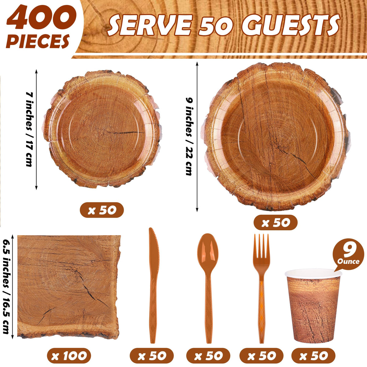 Kochorie wood grain slice disposable cups with 9-ounce capacity for easy gatherings