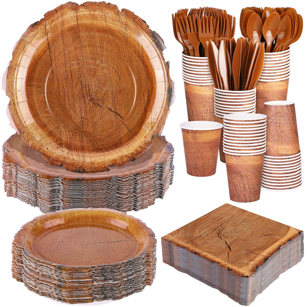 Kochorie wood grain slice plates close-up highlighting rustic design for woodland parties