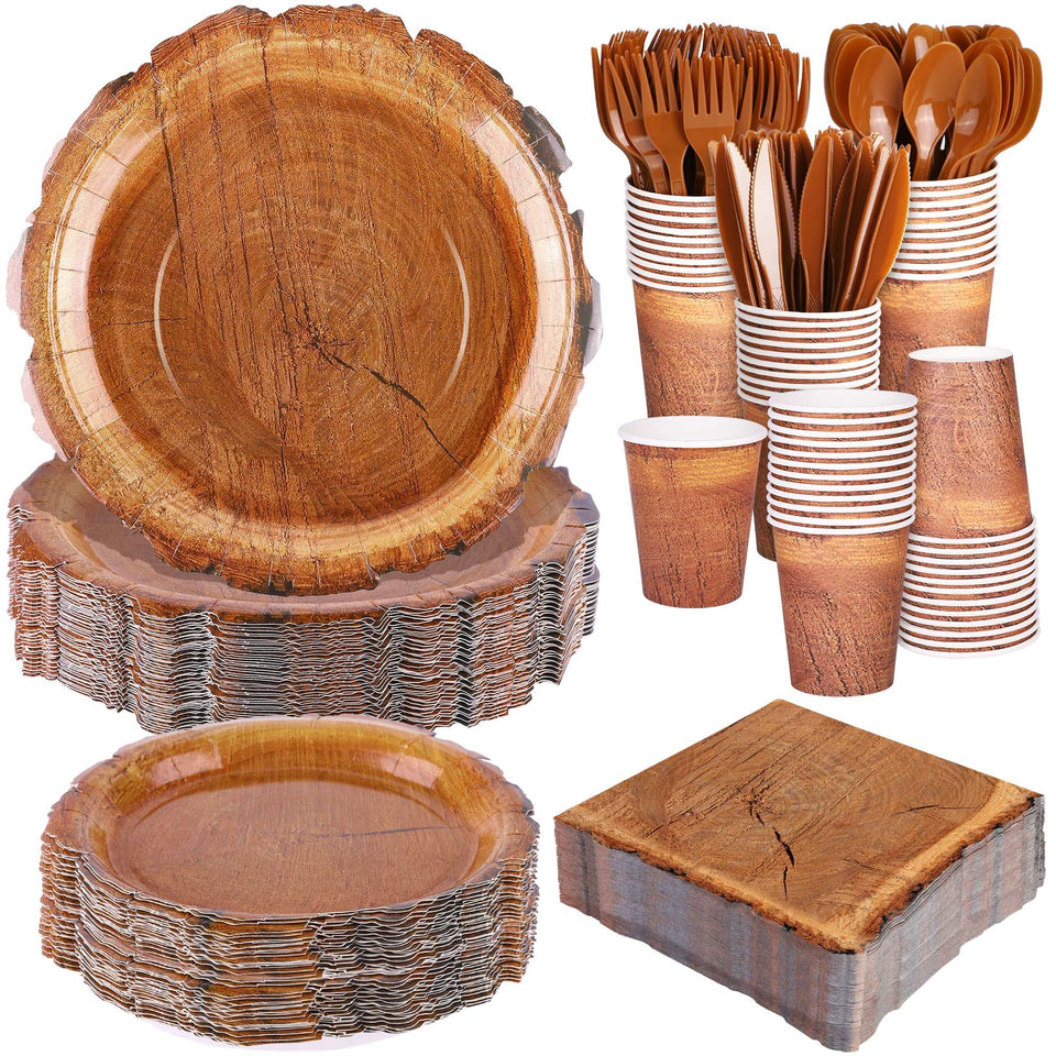 Kochorie wood grain slice plates close-up highlighting rustic design for woodland parties